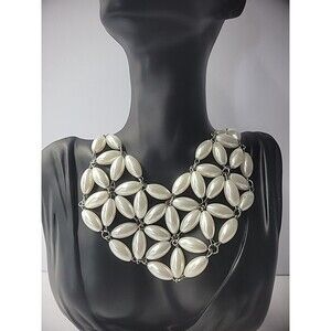 Vintage Necklace White Beaded Silver Tone Meshed Flower Jewelry Costume